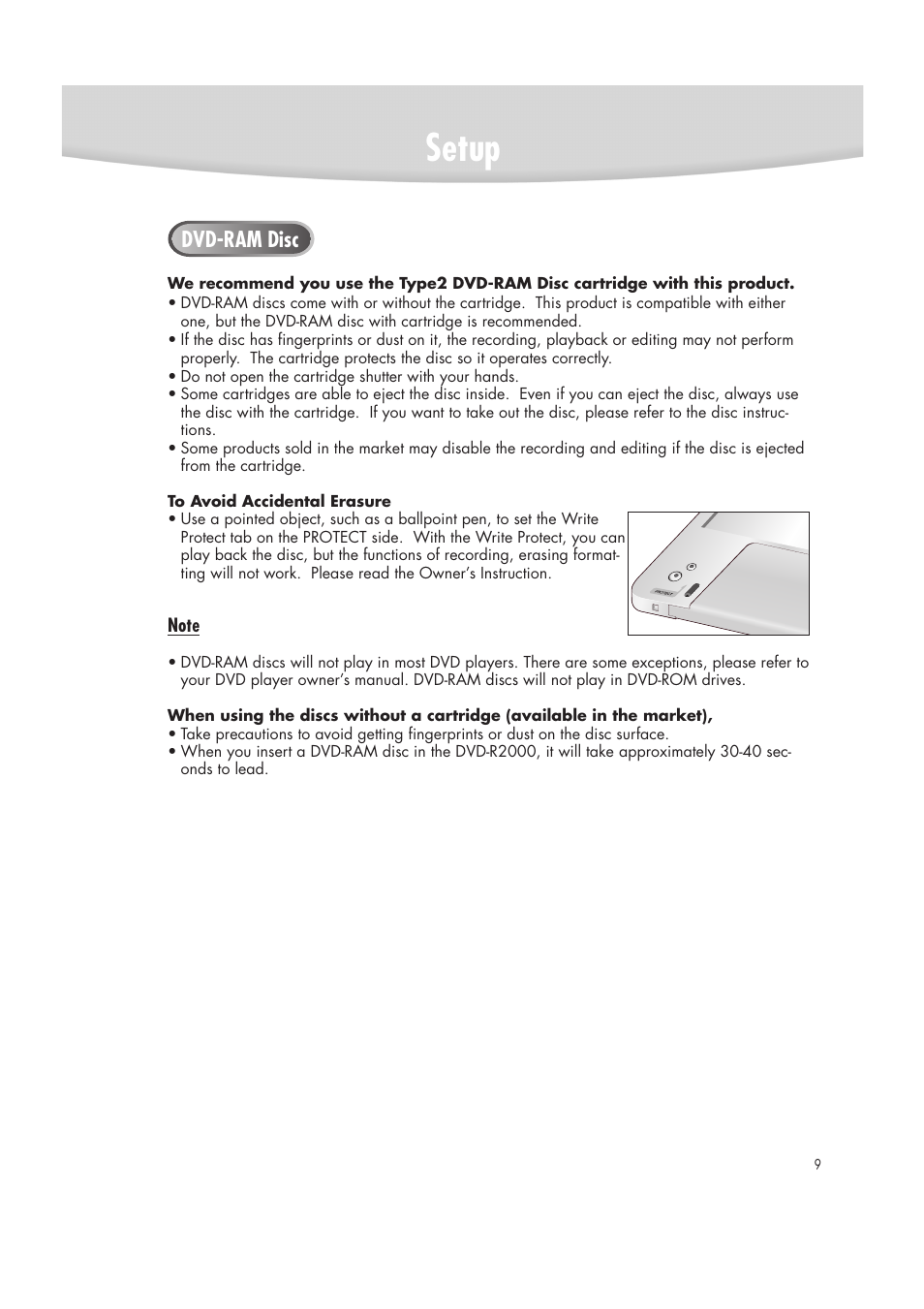 Setup, Dvd-ram disc | Samsung DVD-R2000 User Manual | Page 9 / 65