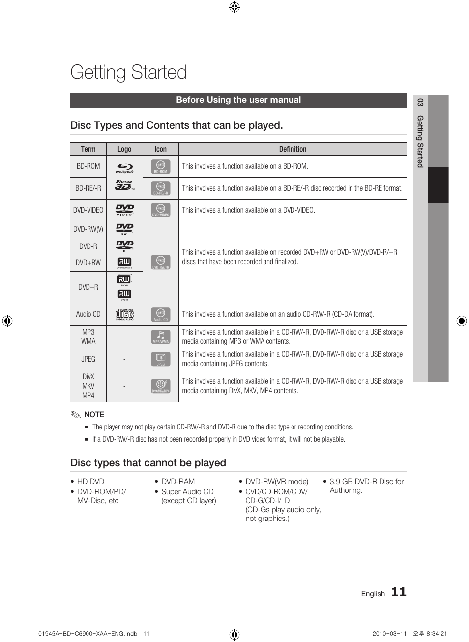 Getting started, Before using the user manual, Disc types and contents that can be played | Disc types that cannot be played | Samsung BD-C6900 User Manual | Page 11 / 70