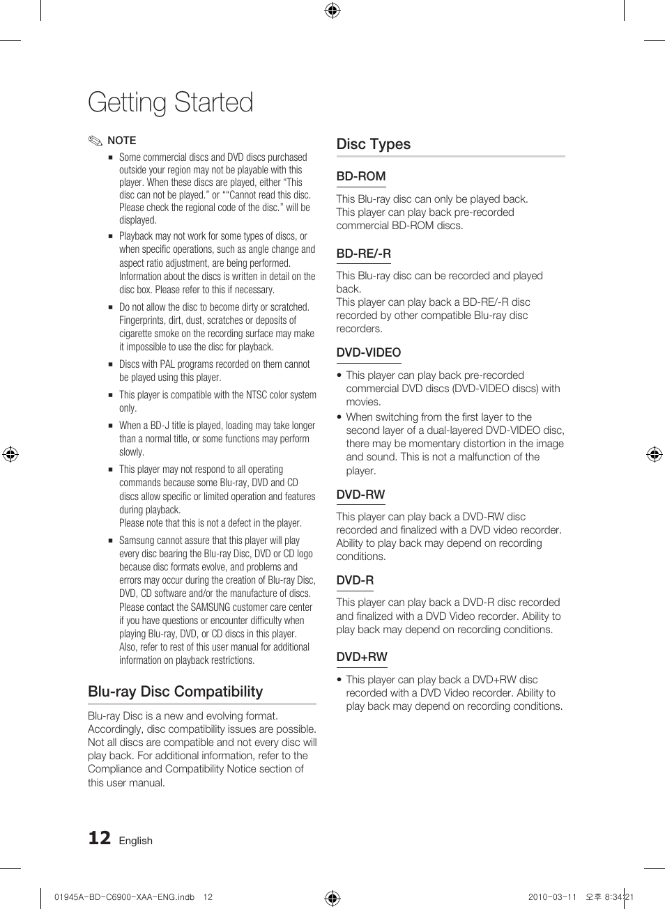 Blu-ray disc compatibility, Disc types, Getting started | Samsung BD-C6900 User Manual | Page 12 / 70