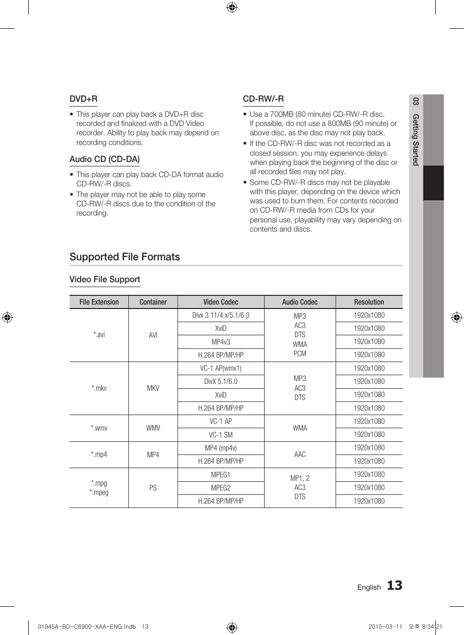 Supported file formats | Samsung BD-C6900 User Manual | Page 13 / 70