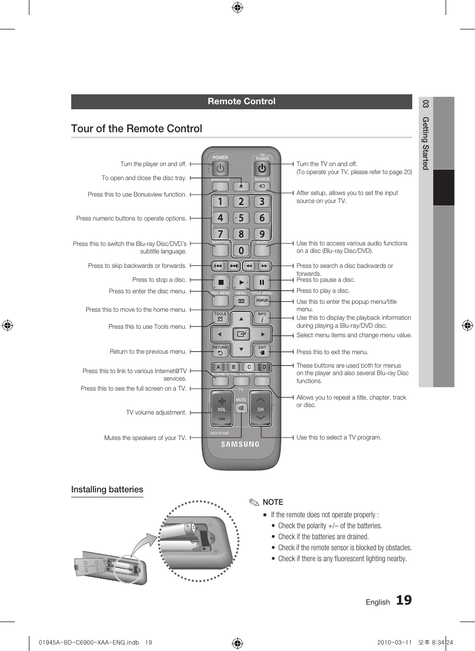 Remote control, Tour of the remote control, Installing batteries | Samsung BD-C6900 User Manual | Page 19 / 70
