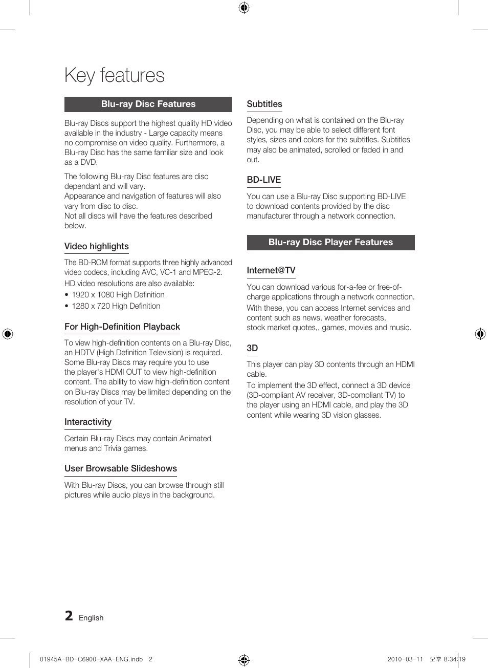 Key features, Blu-ray disc features, Blu-ray disc player features | Samsung BD-C6900 User Manual | Page 2 / 70