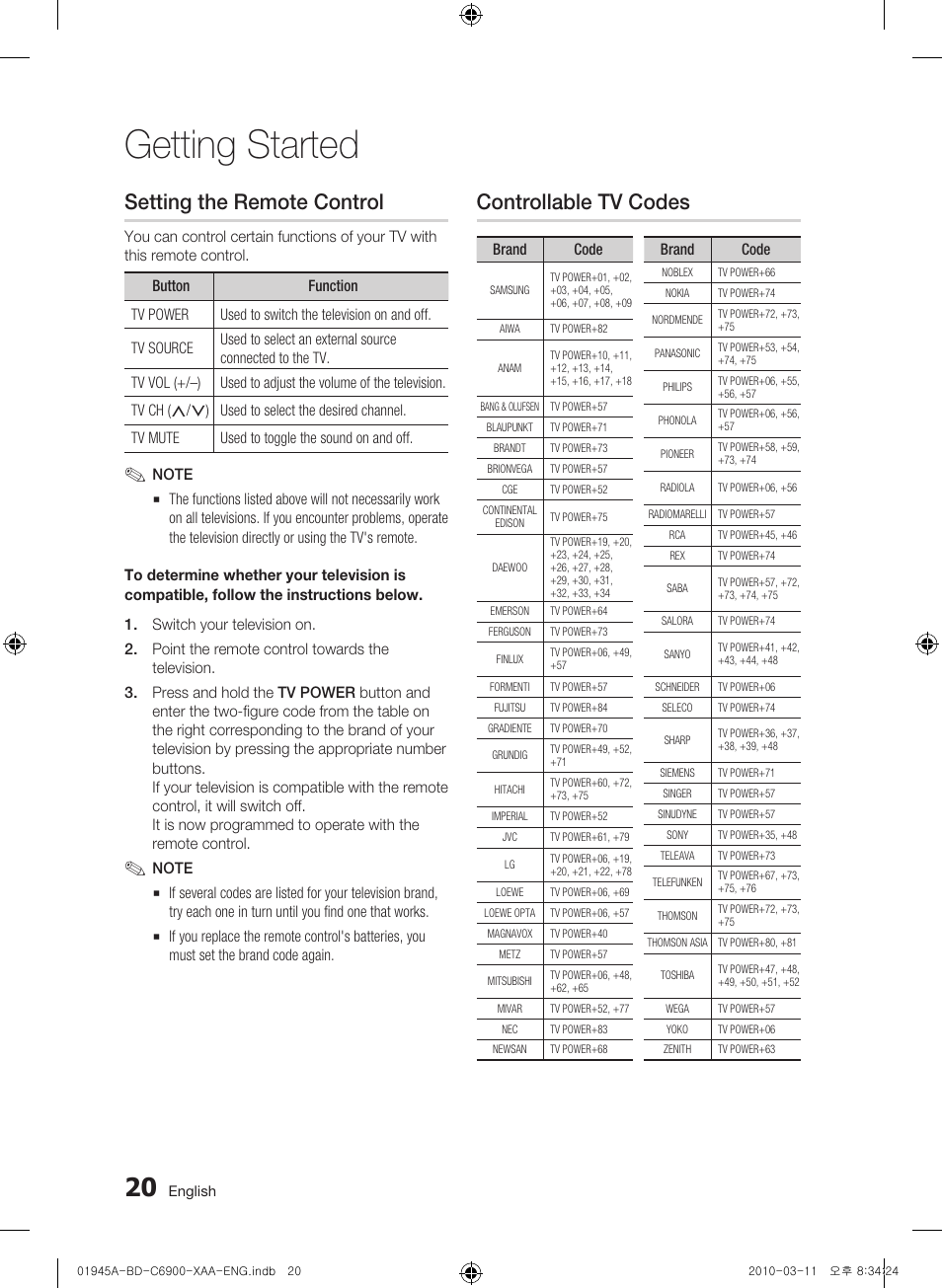 Setting the remote control, Controllable tv codes, Getting started | Samsung BD-C6900 User Manual | Page 20 / 70