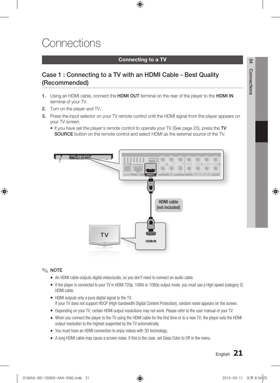 Connections, Connecting to a tv | Samsung BD-C6900 User Manual | Page 21 / 70