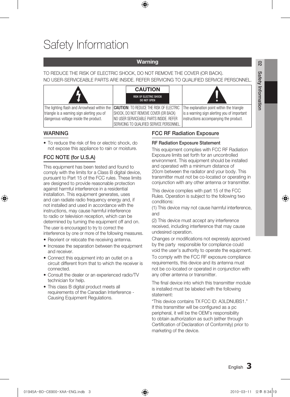 Safety information, Warning | Samsung BD-C6900 User Manual | Page 3 / 70