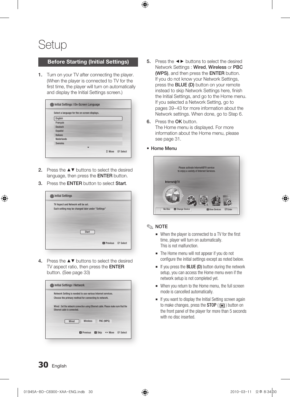 Setup, Before starting (initial settings) | Samsung BD-C6900 User Manual | Page 30 / 70