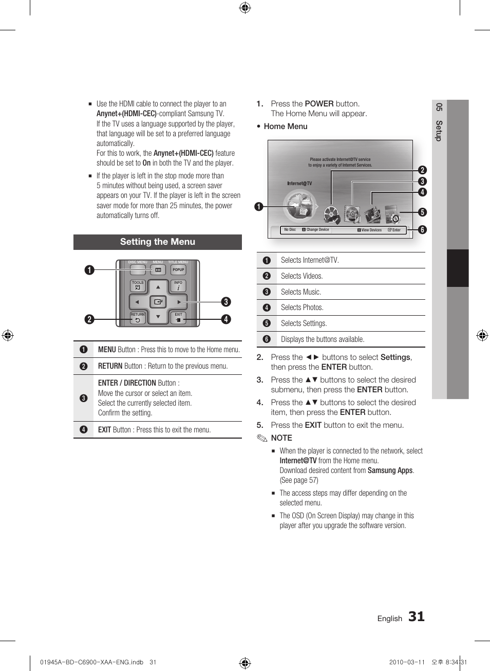 Setting the menu | Samsung BD-C6900 User Manual | Page 31 / 70