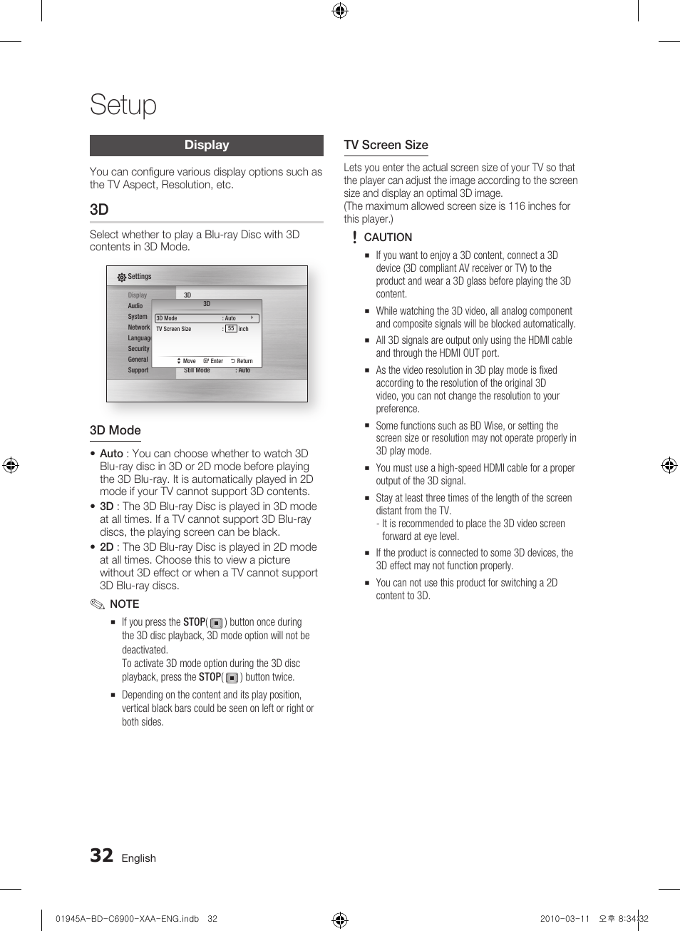 Display, Setup | Samsung BD-C6900 User Manual | Page 32 / 70
