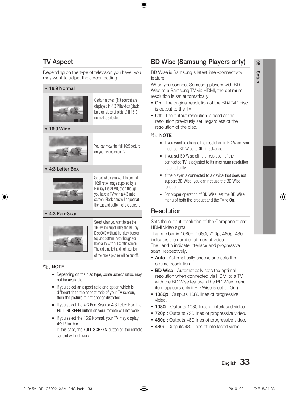 Tv aspect, Bd wise (samsung players only), Resolution | Samsung BD-C6900 User Manual | Page 33 / 70