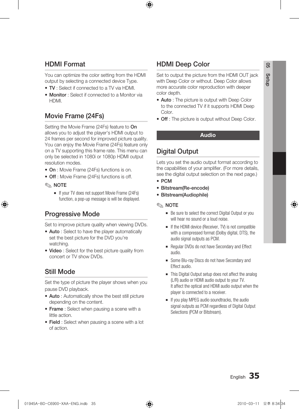 Hdmi format, Movie frame (24fs), Progressive mode | Still mode, Hdmi deep color, Audio, Digital output | Samsung BD-C6900 User Manual | Page 35 / 70