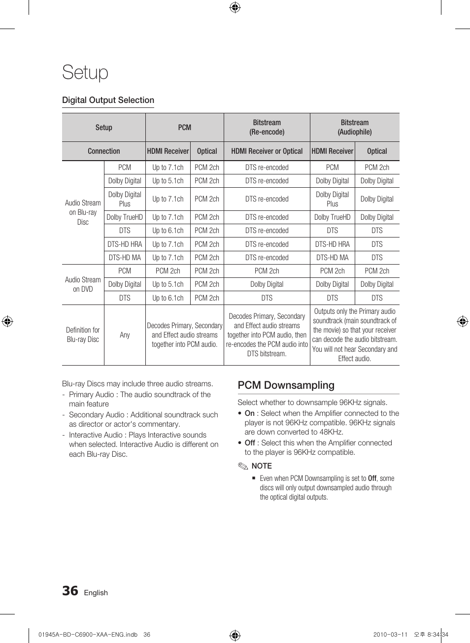 Pcm downsampling, Setup | Samsung BD-C6900 User Manual | Page 36 / 70