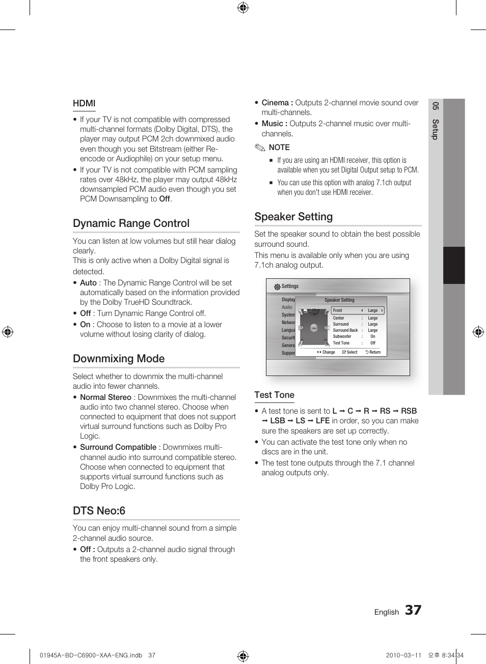 Dynamic range control, Downmixing mode, Dts neo:6 | Speaker setting | Samsung BD-C6900 User Manual | Page 37 / 70