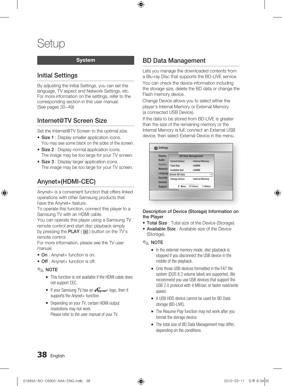System, Initial settings, Internet@tv screen size | Anynet+(hdmi-cec), Bd data management, Setup | Samsung BD-C6900 User Manual | Page 38 / 70