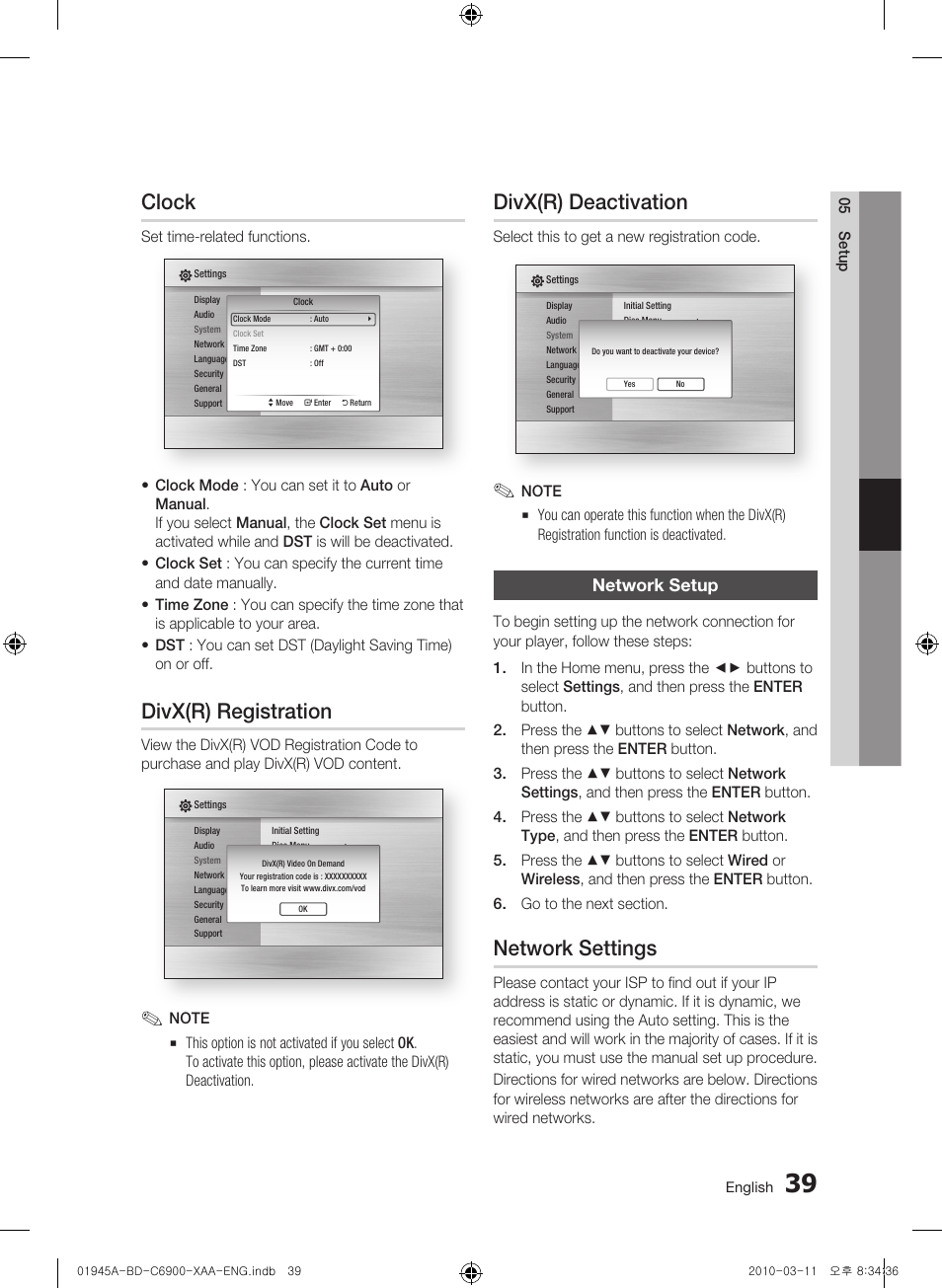 Clock, Divx(r) registration, Divx(r) deactivation | Network setup, Network settings | Samsung BD-C6900 User Manual | Page 39 / 70