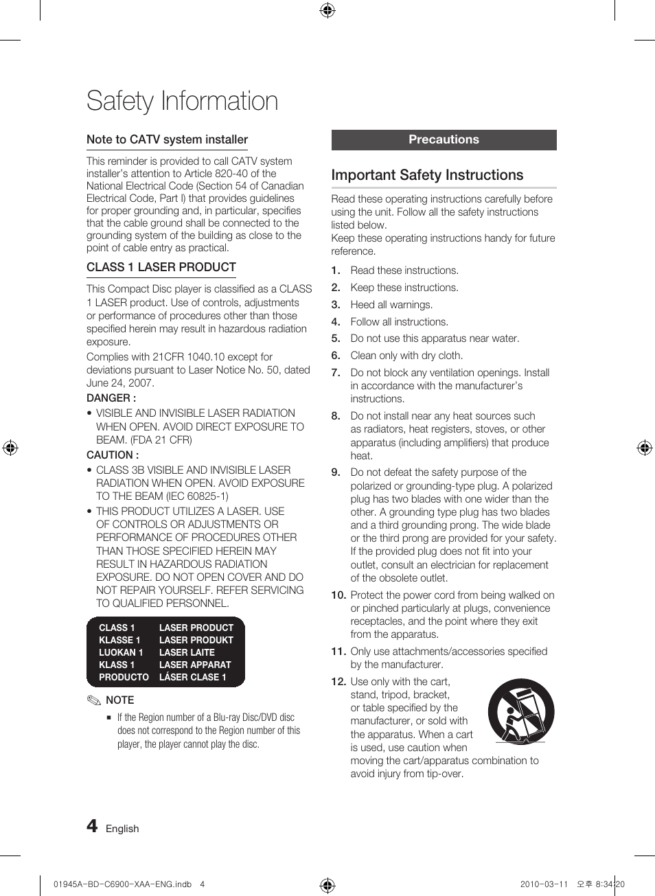 Precautions, Important safety instructions, Safety information | Samsung BD-C6900 User Manual | Page 4 / 70