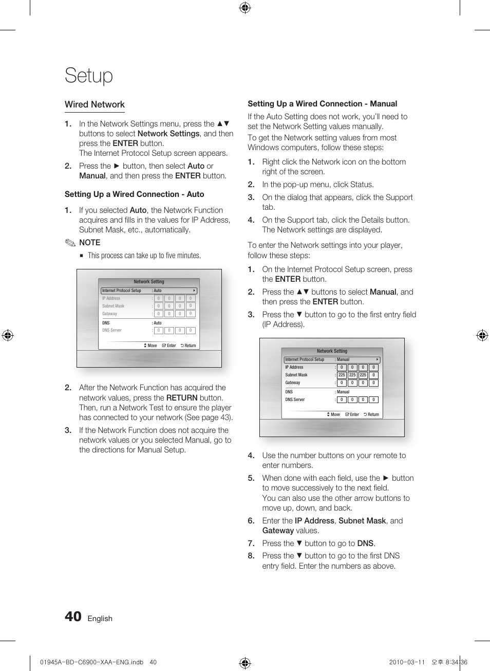 Setup, Wired network | Samsung BD-C6900 User Manual | Page 40 / 70