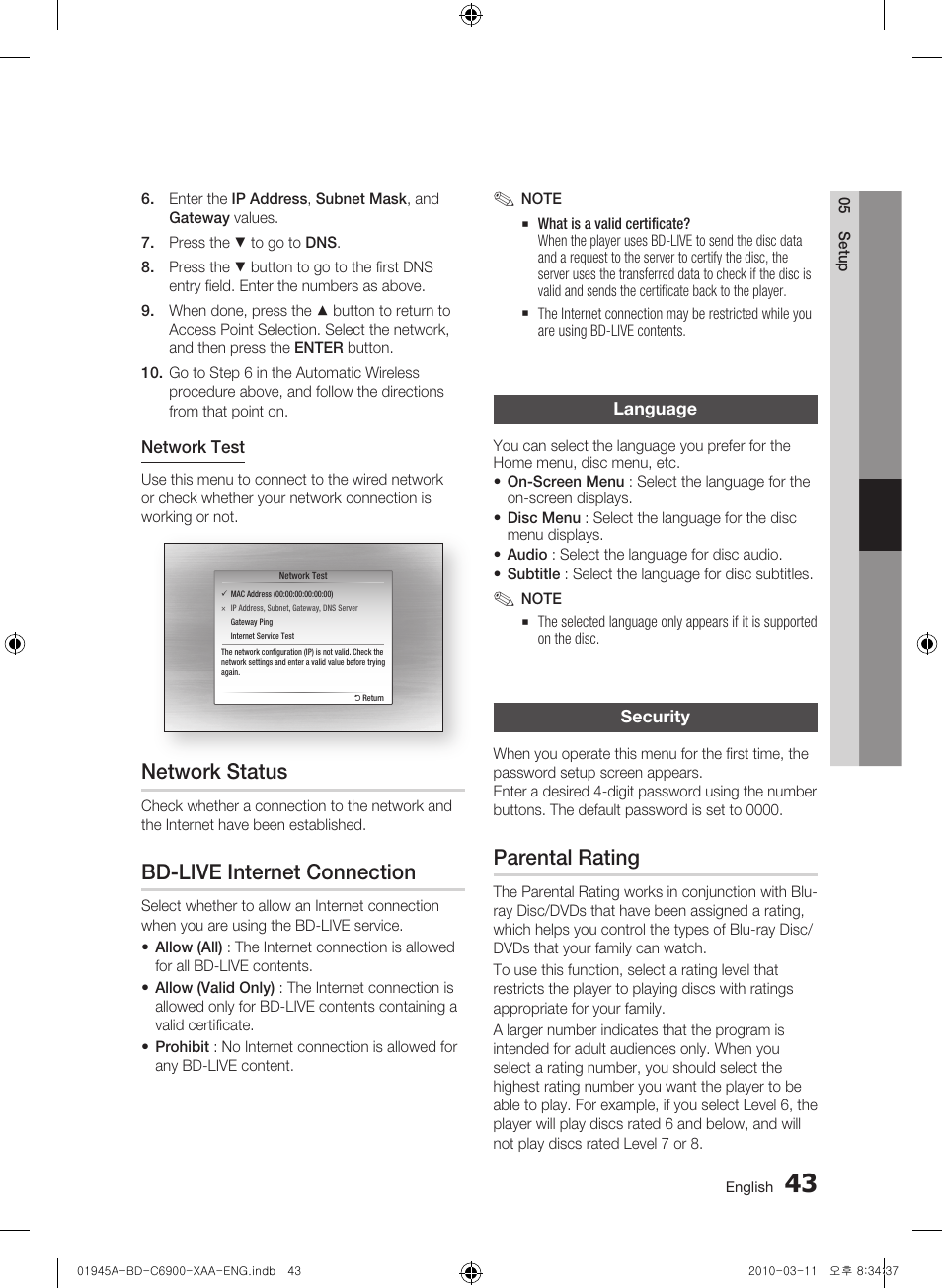 Network status, Bd-live internet connection, Language | Security, Parental rating | Samsung BD-C6900 User Manual | Page 43 / 70