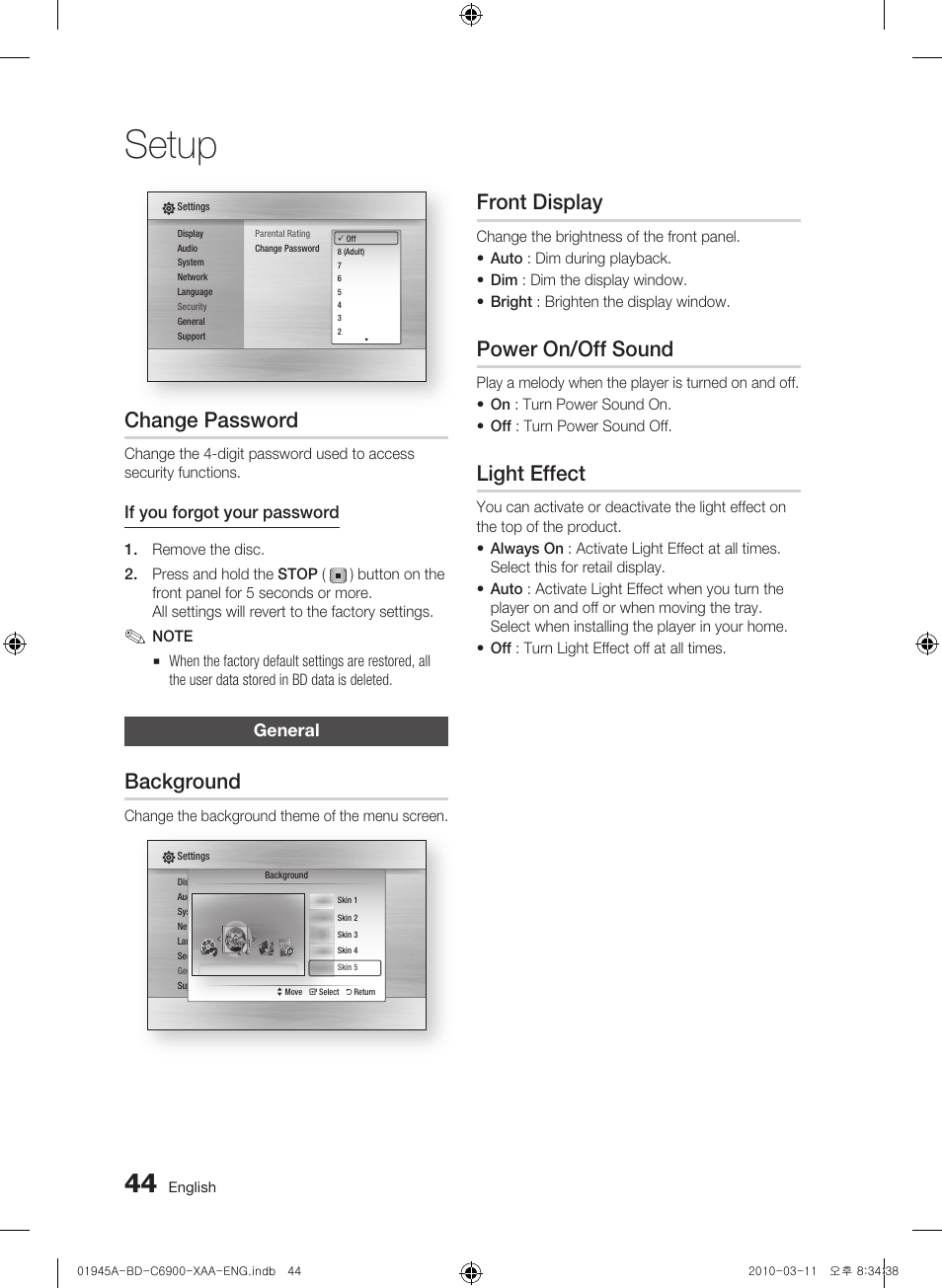 Change password, General, Background | Front display, Power on/off sound, Light effect, Setup | Samsung BD-C6900 User Manual | Page 44 / 70