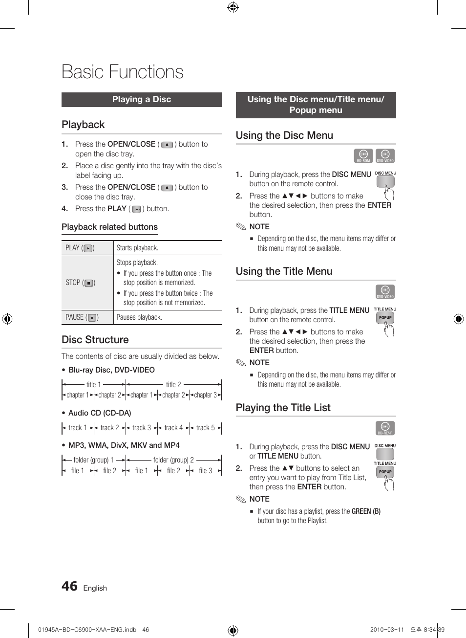 Basic functions, Playing a disc, Playback | Disc structure, Using the disc menu/title menu/popup menu, Using the disc menu, Using the title menu, Playing the title list | Samsung BD-C6900 User Manual | Page 46 / 70