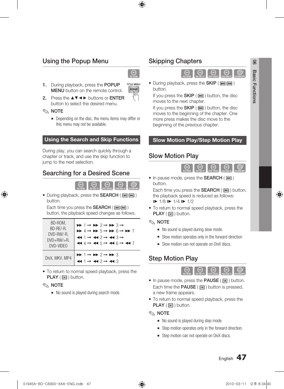 Using the popup menu, Using the search and skip functions, Searching for a desired scene | Skipping chapters, Slow motion play/step motion play, Slow motion play, Step motion play | Samsung BD-C6900 User Manual | Page 47 / 70