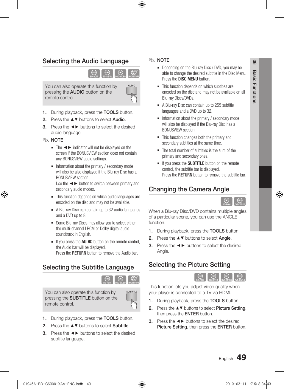 Selecting the audio language, Selecting the subtitle language, Changing the camera angle | Selecting the picture setting | Samsung BD-C6900 User Manual | Page 49 / 70