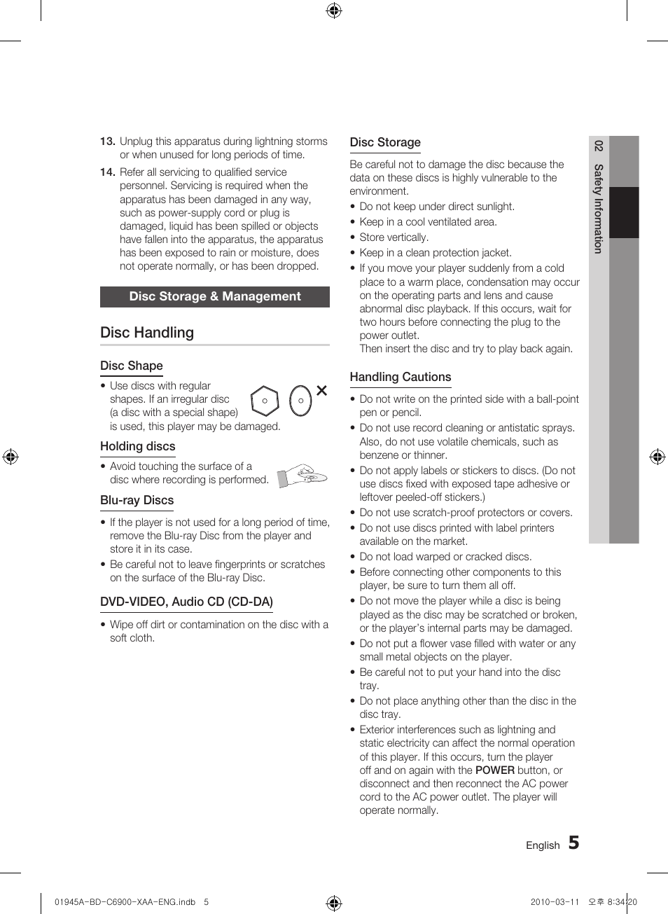 Disc storage & management, Disc handling | Samsung BD-C6900 User Manual | Page 5 / 70