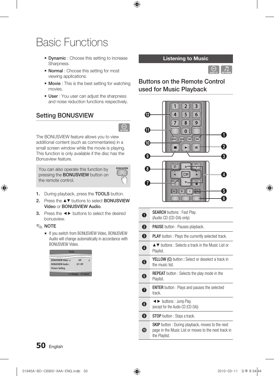 Setting bonusview, Listening to music, Basic functions | Samsung BD-C6900 User Manual | Page 50 / 70
