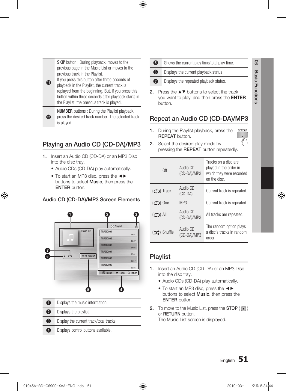 Playing an audio cd (cd-da)/mp3, Repeat an audio cd (cd-da)/mp3, Playlist | Samsung BD-C6900 User Manual | Page 51 / 70