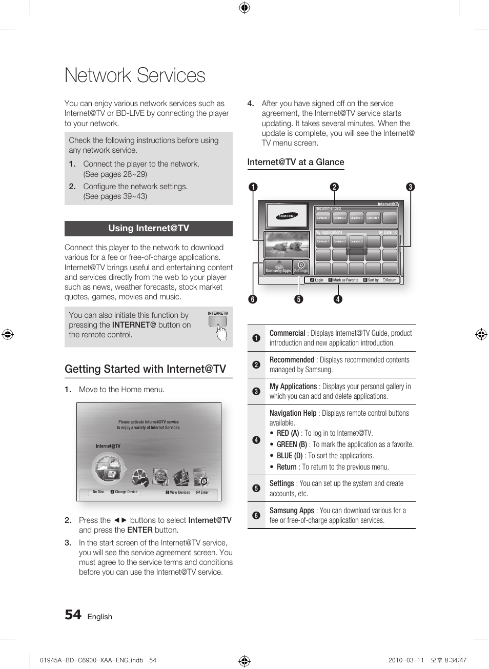 Network services, Using internet@tv, Getting started with internet@tv | Samsung BD-C6900 User Manual | Page 54 / 70