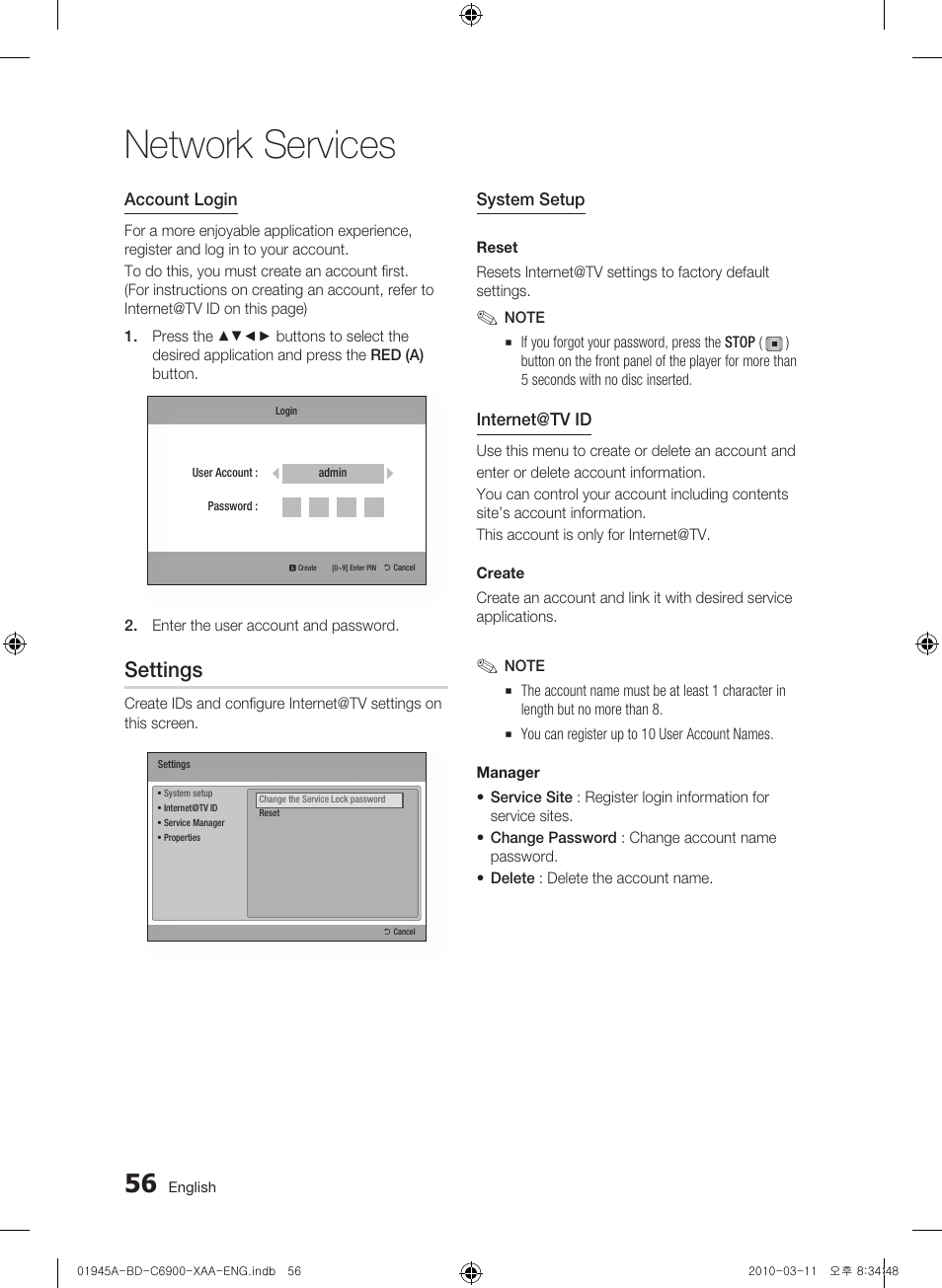 Settings, Network services | Samsung BD-C6900 User Manual | Page 56 / 70