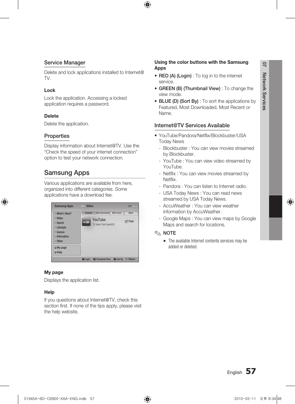 Samsung apps, Service manager, Properties | Internet@tv services available | Samsung BD-C6900 User Manual | Page 57 / 70