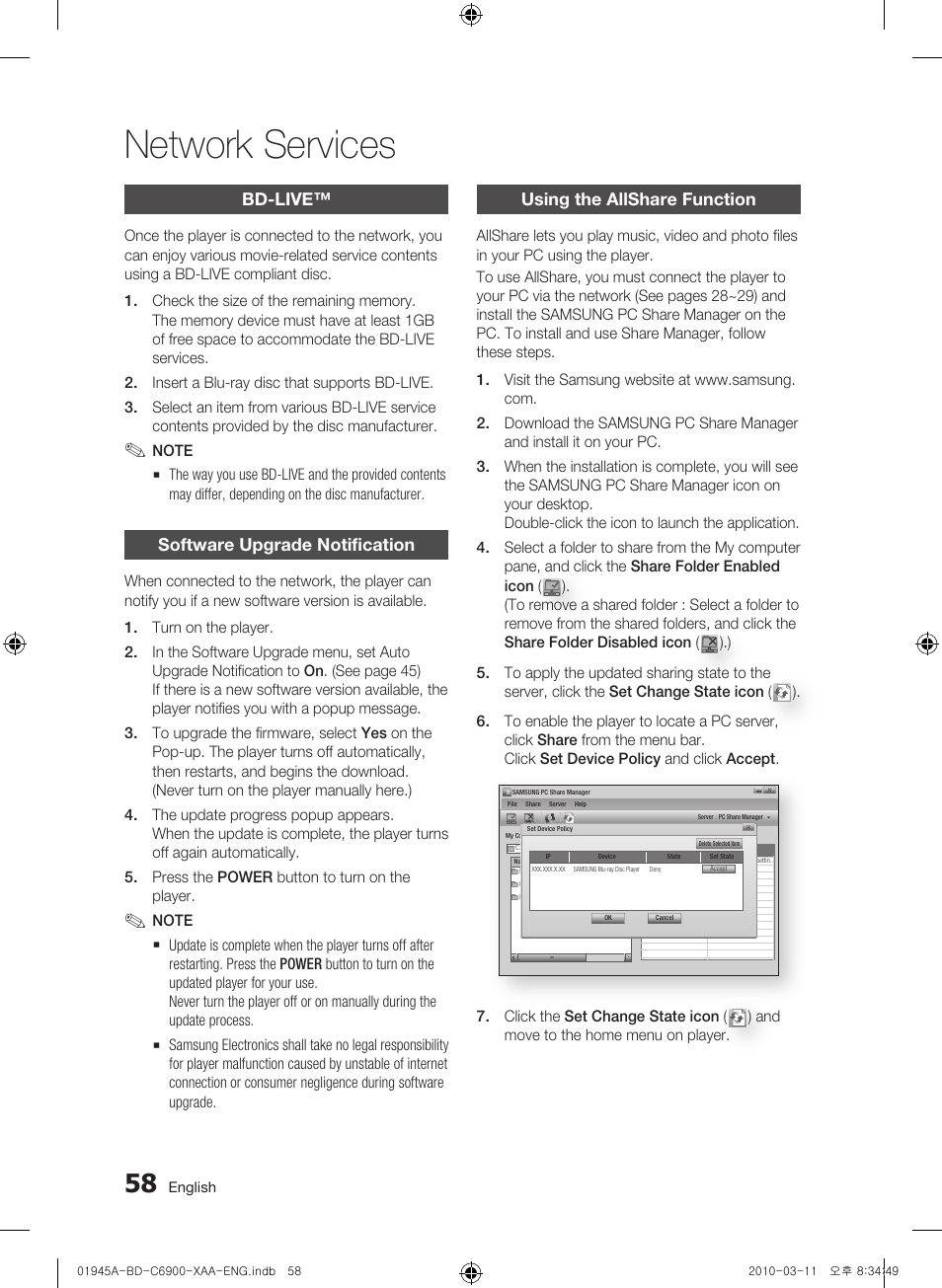 Bd-live, Software upgrade notification, Using the allshare function | Network services | Samsung BD-C6900 User Manual | Page 58 / 70