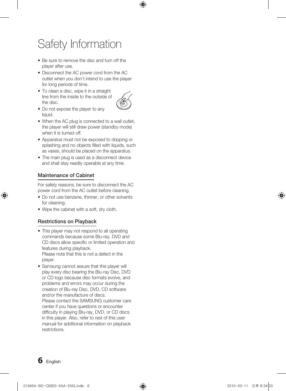 Safety information | Samsung BD-C6900 User Manual | Page 6 / 70