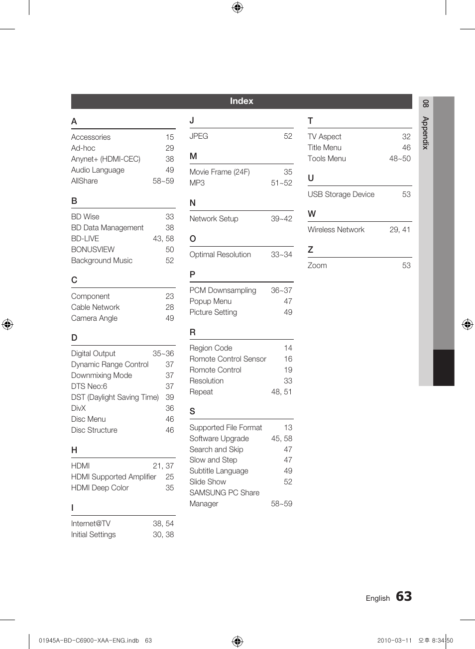 Index | Samsung BD-C6900 User Manual | Page 63 / 70