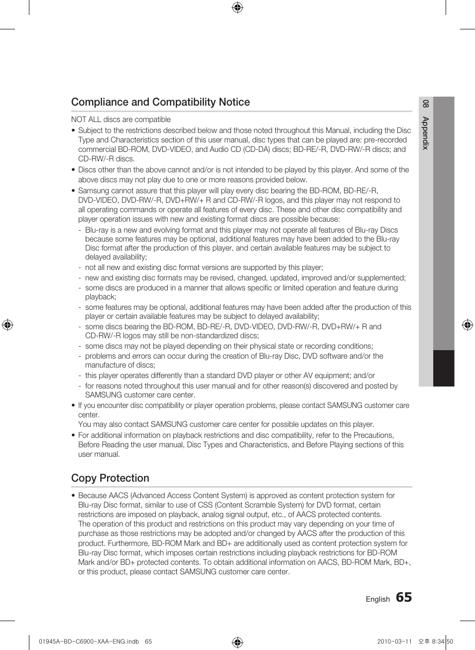 Compliance and compatibility notice, Copy protection | Samsung BD-C6900 User Manual | Page 65 / 70