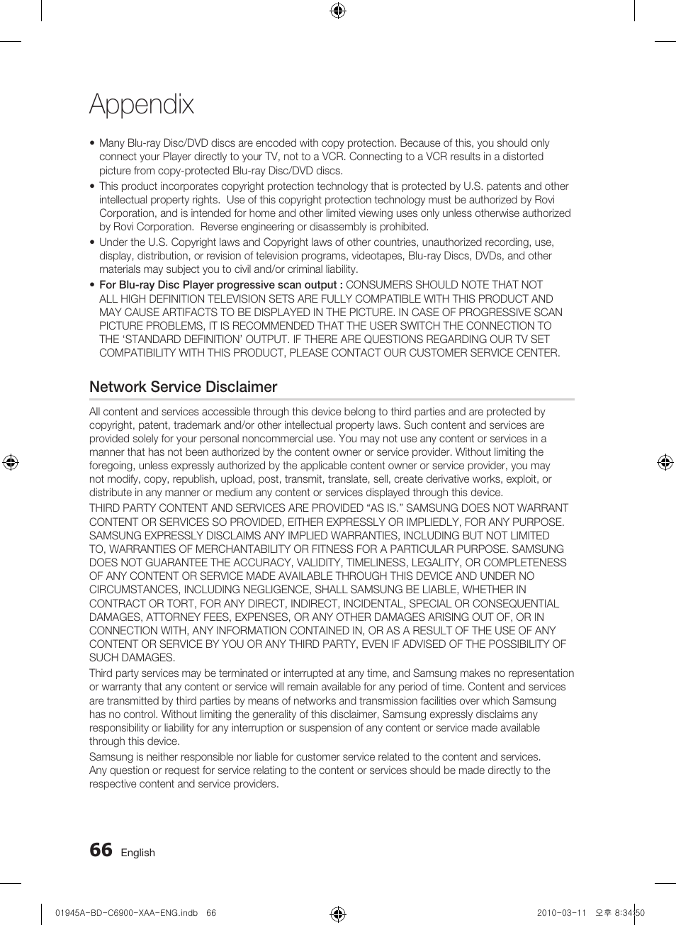 Network service disclaimer, Appendix | Samsung BD-C6900 User Manual | Page 66 / 70