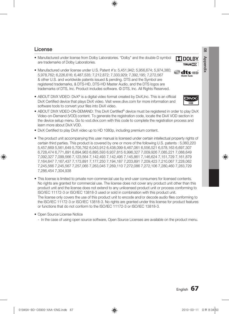 License | Samsung BD-C6900 User Manual | Page 67 / 70