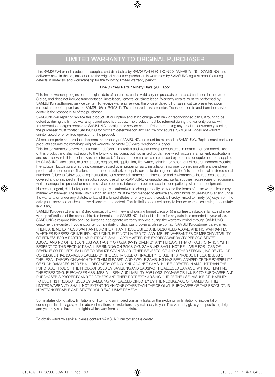 Limited warranty to original purchaser | Samsung BD-C6900 User Manual | Page 68 / 70