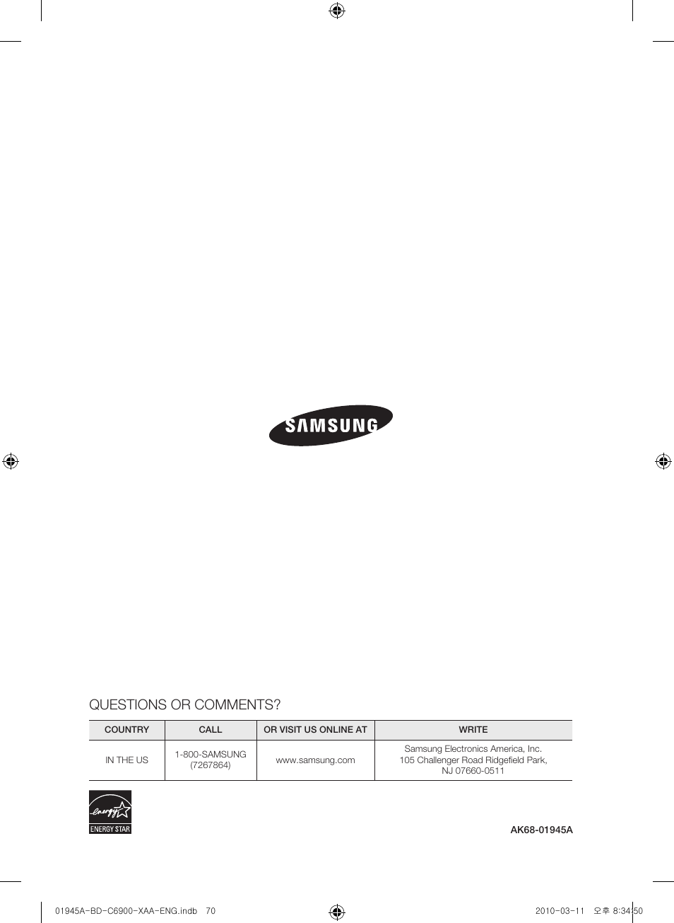 Questions or comments | Samsung BD-C6900 User Manual | Page 70 / 70
