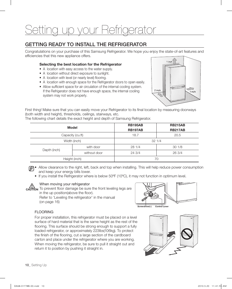 Setting up your refrigerator, Getting ready to install the refrigerator | Samsung RB217AB User Manual | Page 10 / 32