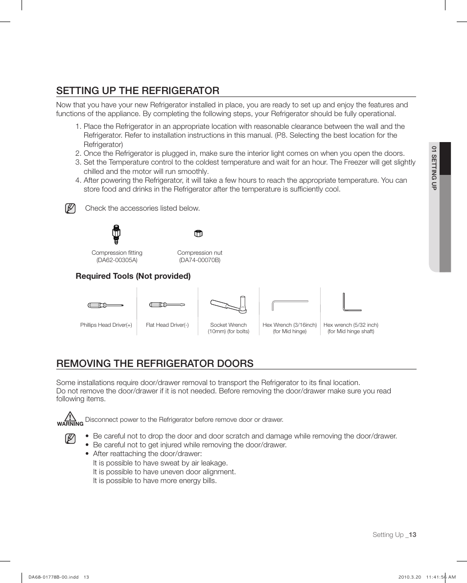 Setting up the refrigerator, Removing the refrigerator doors | Samsung RB217AB User Manual | Page 13 / 32
