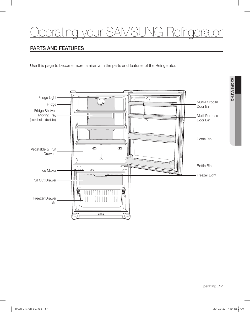 Operating your samsung refrigerator, Parts and features | Samsung RB217AB User Manual | Page 17 / 32