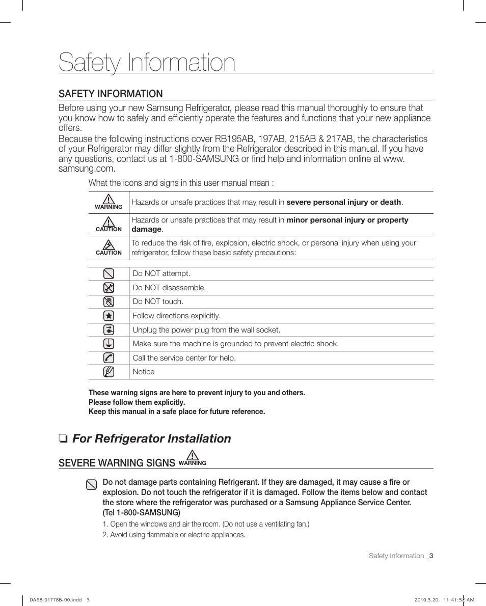 Safety information, For refrigerator installation, Severe warning signs | Samsung RB217AB User Manual | Page 3 / 32