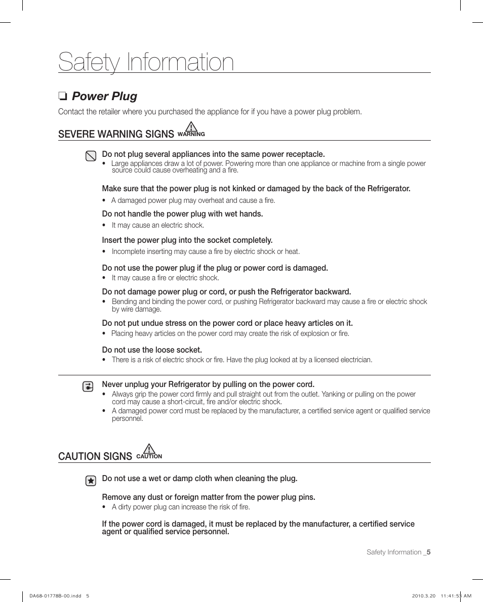 Safety information, Power plug, Severe warning signs | Caution signs | Samsung RB217AB User Manual | Page 5 / 32