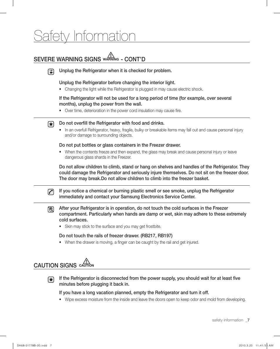 Safety information, Caution signs, Severe warning signs | Cont’d | Samsung RB217AB User Manual | Page 7 / 32
