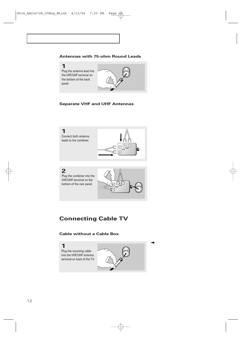 Connecting cable tv | Samsung CL32A20HE User Manual | Page 12 / 80