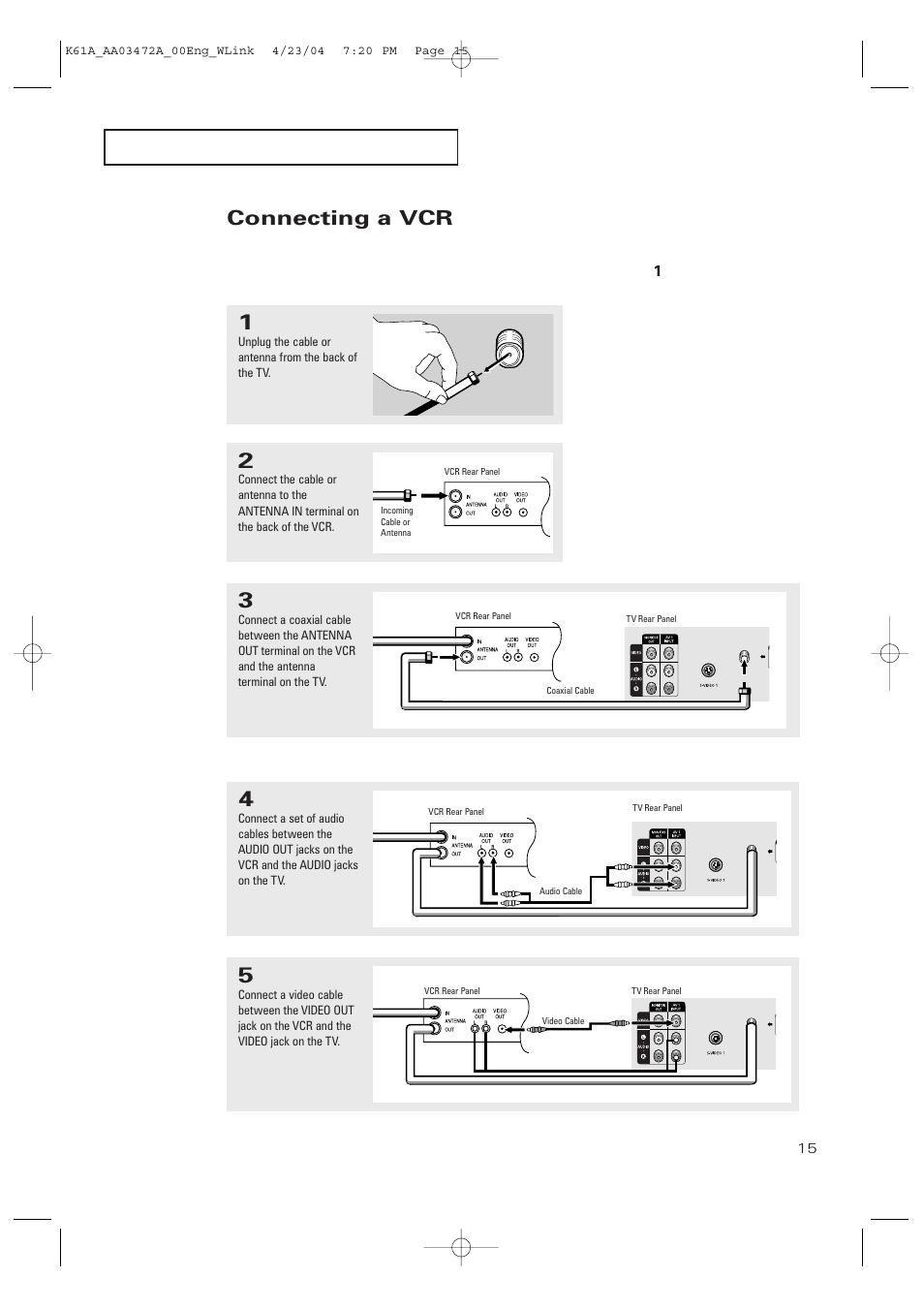 Connecting a vcr | Samsung CL32A20HE User Manual | Page 15 / 80