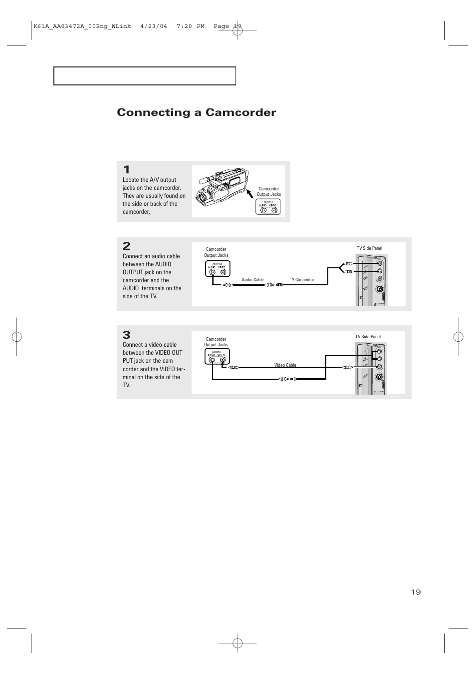 Connecting a camcorder | Samsung CL32A20HE User Manual | Page 19 / 80