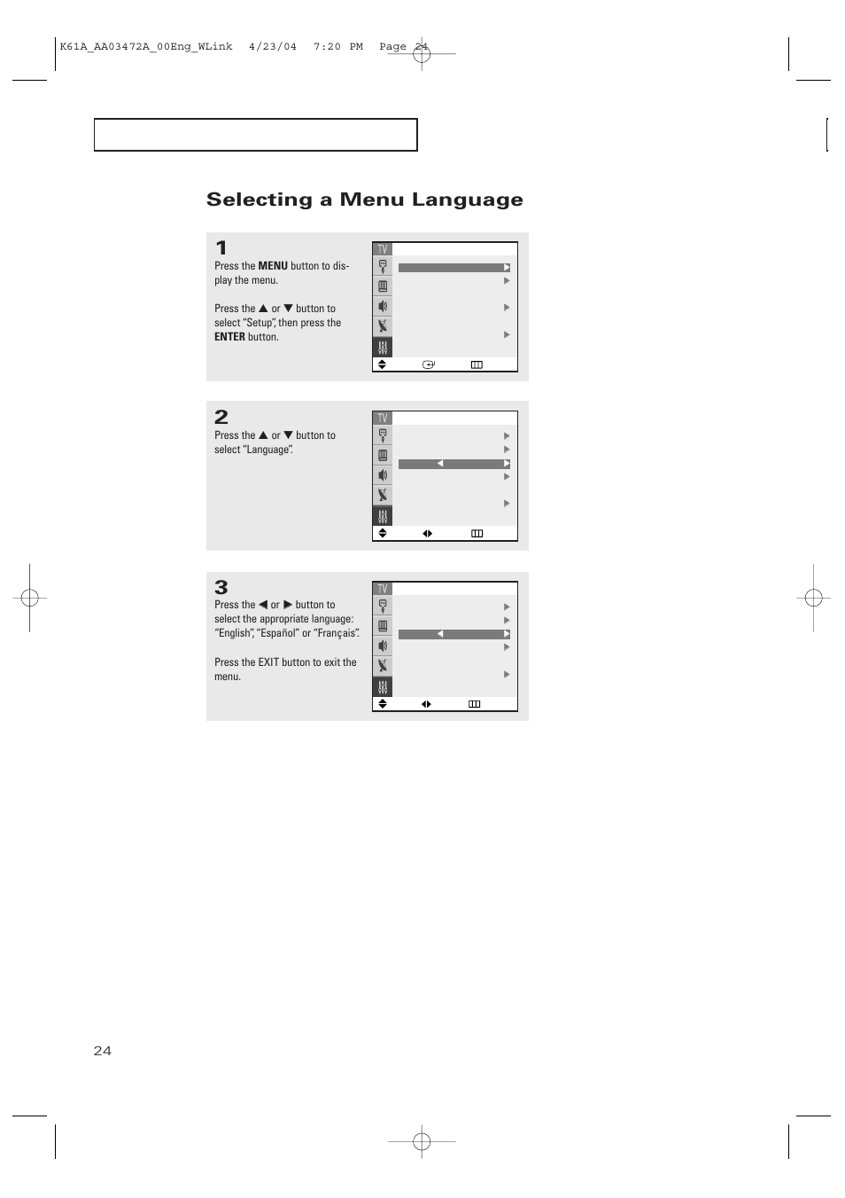 Selecting a menu language | Samsung CL32A20HE User Manual | Page 24 / 80