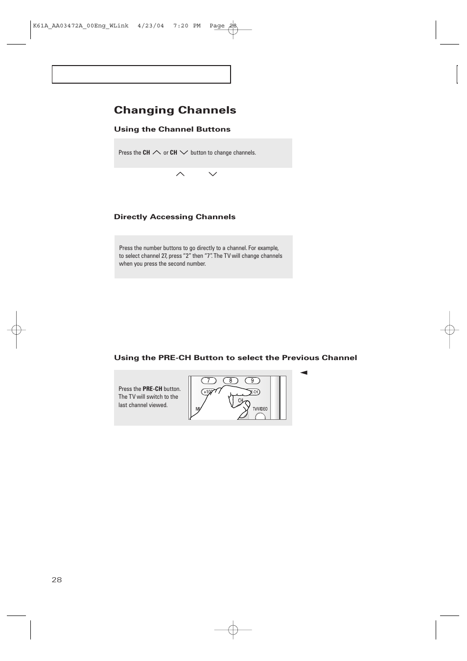 Changing channels | Samsung CL32A20HE User Manual | Page 28 / 80